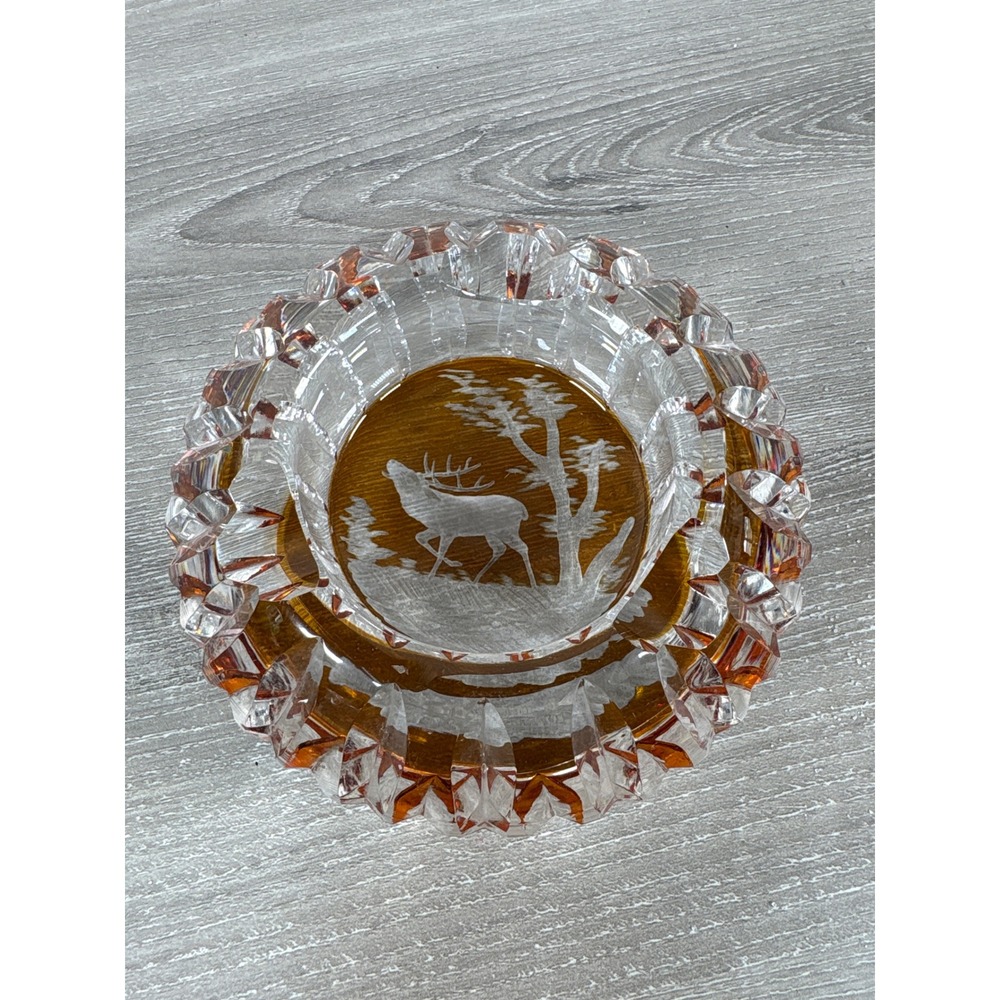 Vintage Amber Crystal Glass Ashtray Etched Stag Deer Intaglio Faceted Round 5.5"